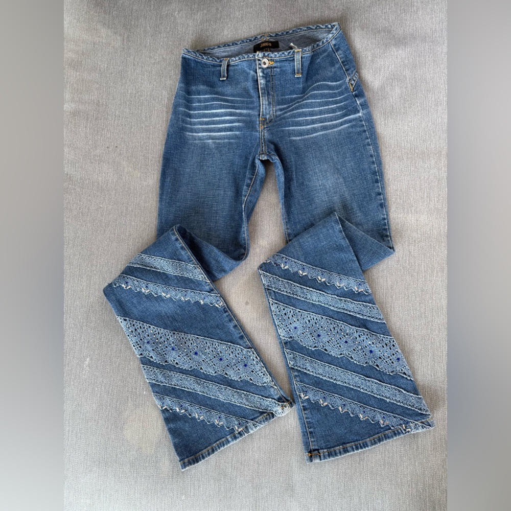 JNCO Original Blue Flare Wide Leg Jeans with Diagonal Patterns